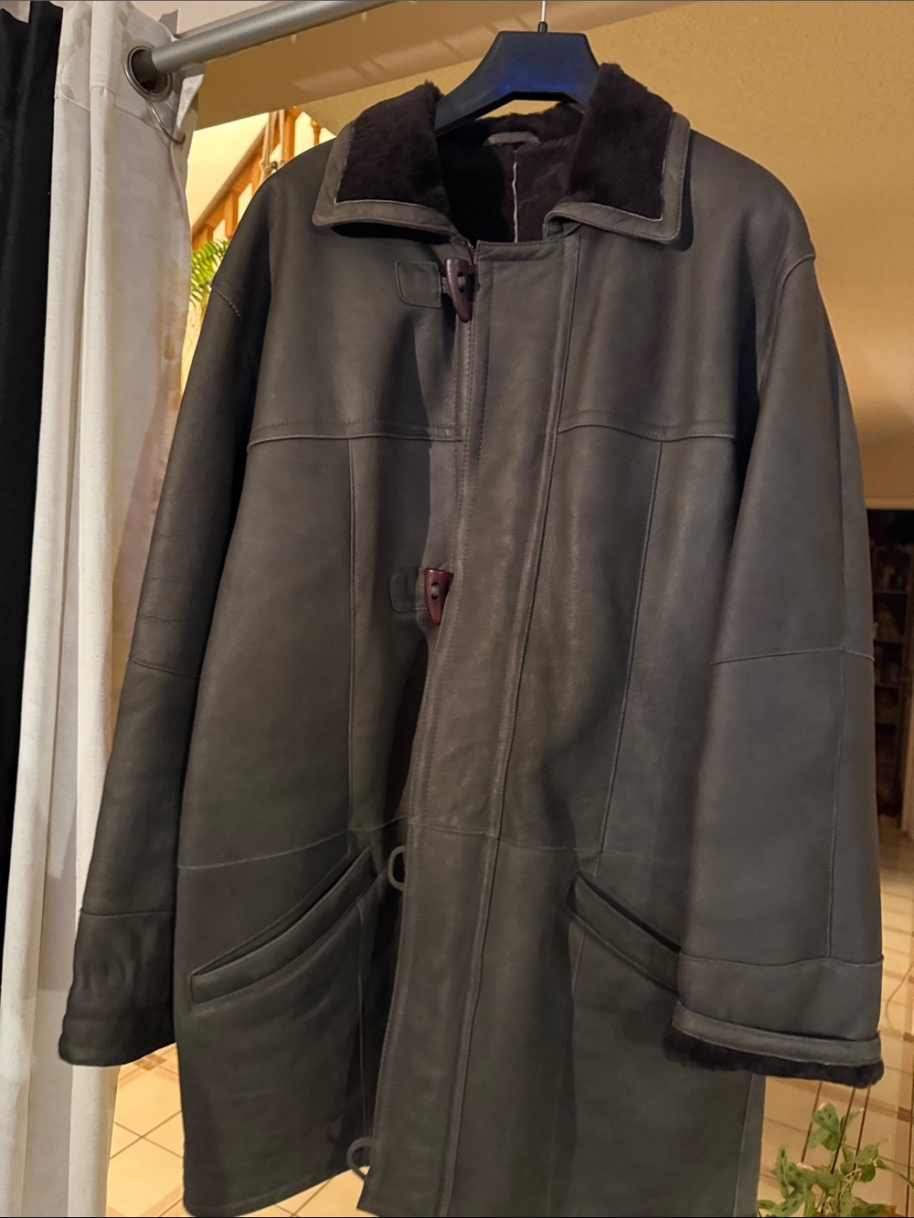 Vintage Men's Dark Brown/Grey Shearling Pea Coat with Toggle Closure